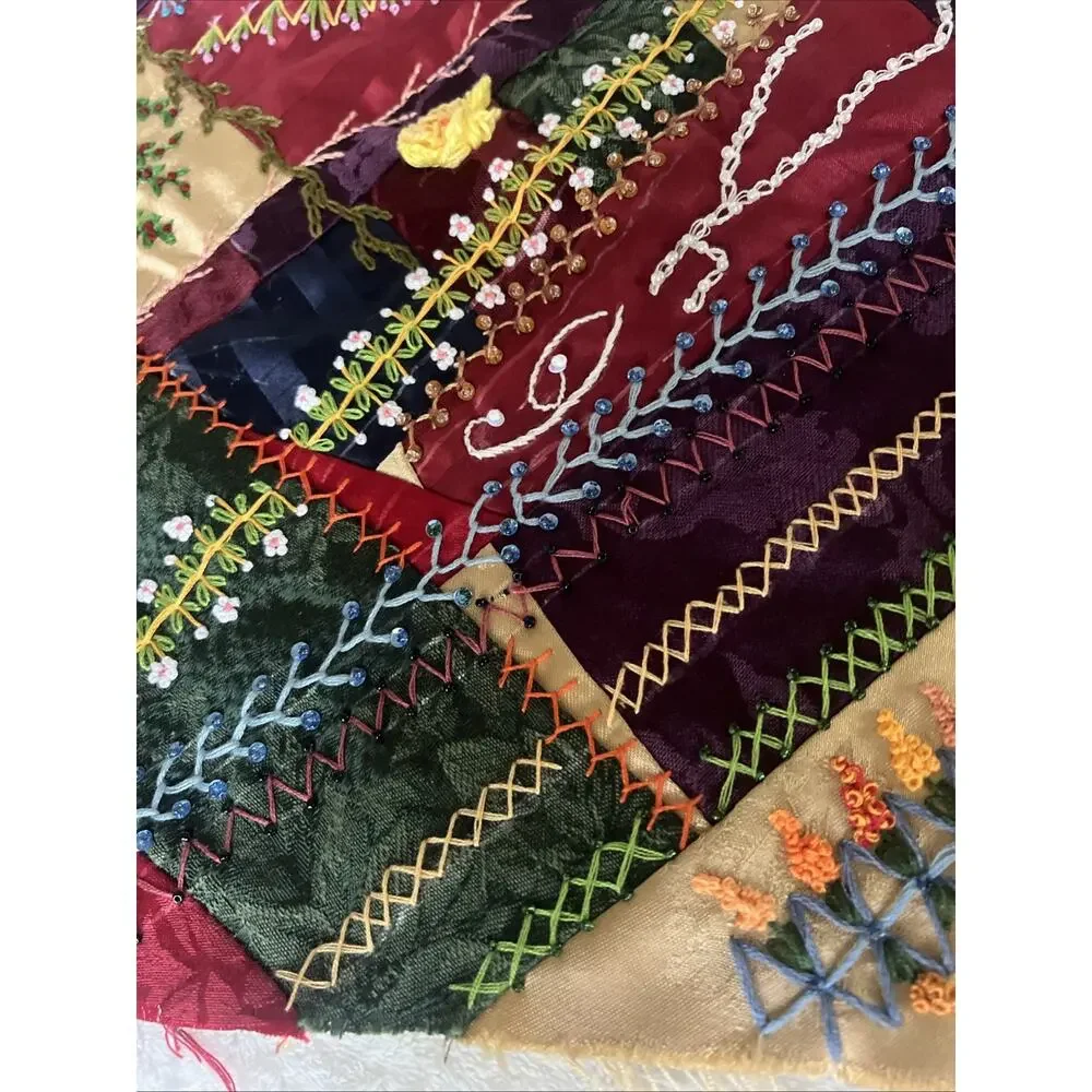 Antique Victorian Style Crazy Quilt Block 16” Silk Velvet Hand Embroidery Beaded